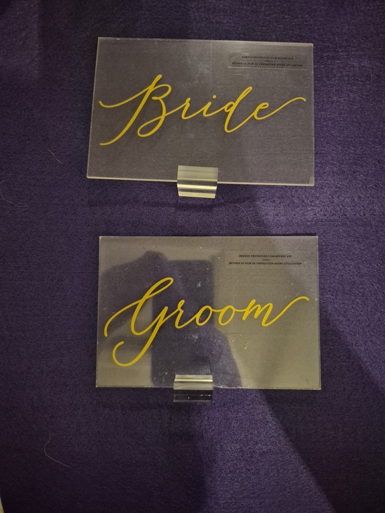 Style Me Pretty Clear Bride & Groom Signs w/ Bases, Gold Text Wedding Decor
