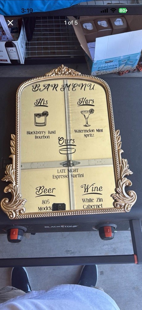 Gold Framed Wedding Bar Menu Mirror with wood easel