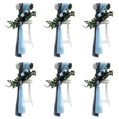 6pcs Blue Artificial Flower Arrangement Ribbons For Wedding Chair Back Decor New