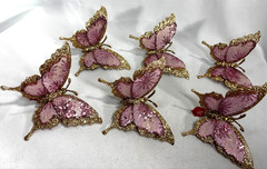 6 Pink & Gold BUTTERFLYS 7″ Clip-on Trees or Decorations Glitter & Sequins NEW