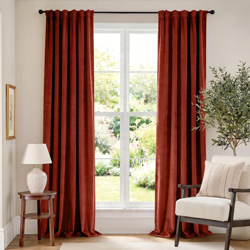 Blackout Rust Red Velvet Curtains Rod Pocket 52×120 Inch 2 Panels | Soft Ve