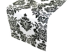 Black & White 12″ x 108″ Flocking Damask Table Runner Flocked Velvet Made in USA