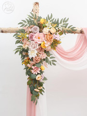 Champagne Pink Wedding Arch with Drapes & Artificial Flowers – Set of 4