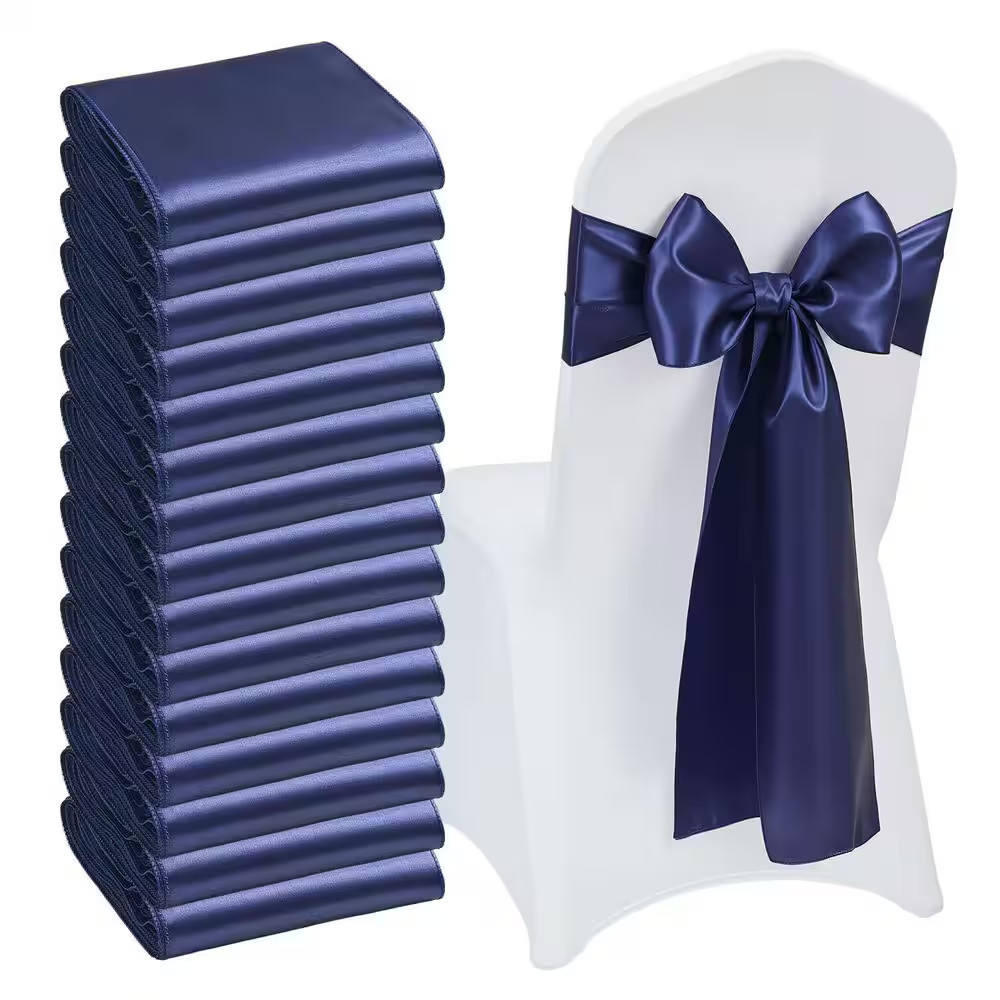 50-Pcs Satin Chair Sashes Bows Cover, 7 X 108 In. Navy Blue Ribbon Ties, Wedding