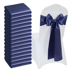 50-Pcs Satin Chair Sashes Bows Cover, 7 X 108 In. Navy Blue Ribbon Ties, Wedding