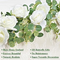 6 Ft White Flower Garland with 3D Butterfly, Artificial White Rose a