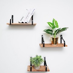 3 Natural Rectangular Wood FLOATING SHELVES Metal Brackets Room Home Decorations