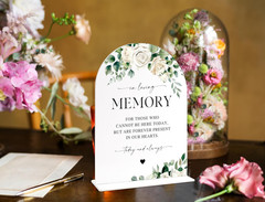 In Loving Memory Sign for Wedding Memorial Table, Elegant White Rose and Eucalyp
