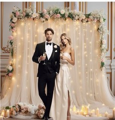 Backdrop 12 panels 30x10ft Champagne Tulle Curtain+ Lights String + Flowers