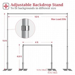 10x10ft Heavy Duty Backdrop Stand Kit, Adjustable Pipe and 10x10FT Silver