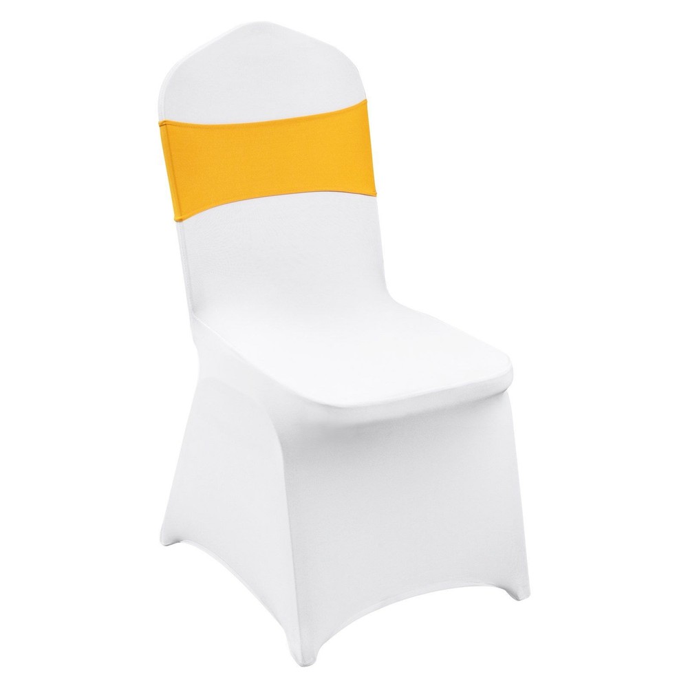 50pk Anti-Wrinkle Spandex Banquet Covers w/ Gold Sash, Fits 17.3×20.1×36.4in