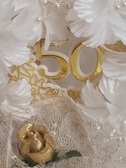 50 th Wedding Anniversary Birthday Cake Topper White Gold Lace & Flowers (RV)