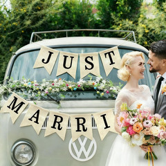 Just Married Burlap Banner Rustic Cream Black Pre-Assembled Wedding Car Decor