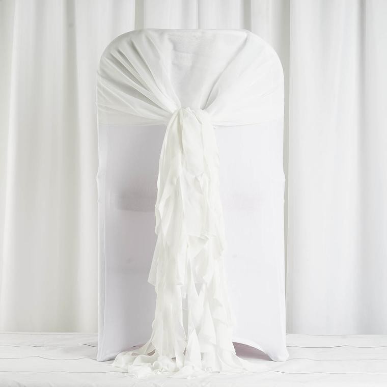 Ivory Premium CHAIR COVER with Curly Chiffon Ruffled SASHES Wedding Decorations