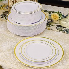 Zcaukya 100PCS Gold Plastic Plates, Disposable Plastic Dishes with Gold Rim i…