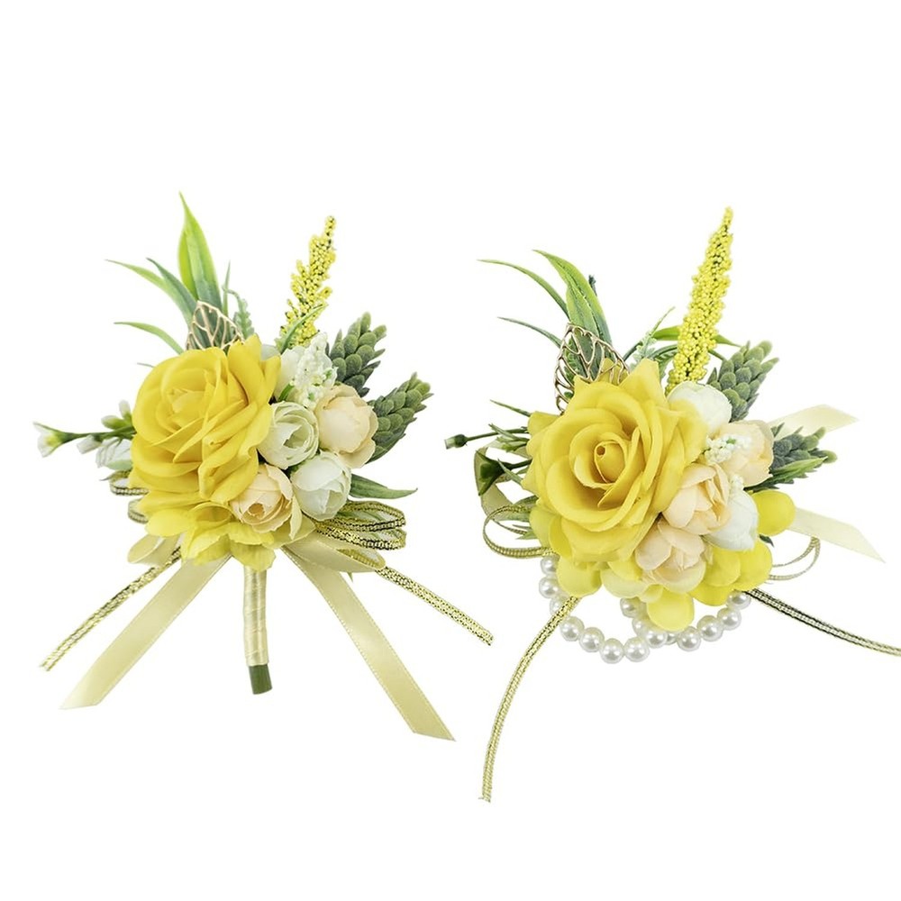 2 Pcs Wrist Corsage and Boutonniere Set, Yellow Corsage for Wedding, Boutonni…