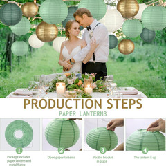 15 Pcs Sage Green Gold Paper Lanterns – Assorted 6/8/10 Inch round Hanging Decor