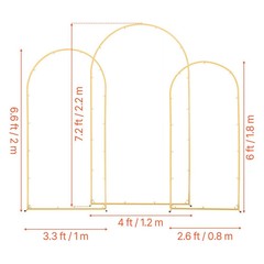 Set of 3 Gold Metal Wedding Arch Backdrop Stand 7.2ft 6.6ft 6ft