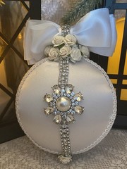 White Satin Wedding Keepsake-White Bows,Rhinestone Trim,Roses,Rhinestone Button