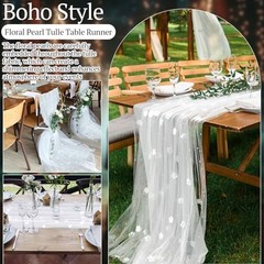 3 Pcs Table Runner 10ft/ 29 x 120 Inch Embroidery Tulle Fabric White Pearl