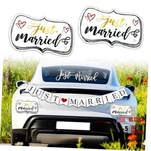 Just Married Car Decorations Set – Includes 4 Ornate Magnetic Signs (12×7.5