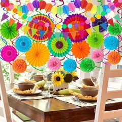 33Pcs Fiesta Decorations Cinco De Mayo Decorations Multi-Color Paper Fans Gar…