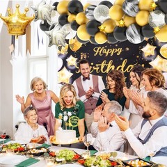Gold and Black Birthday Decorations – Happy Banner, Balloons Arch Garland for…