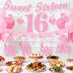 Glitter Pink16th Birthday Banner – Pre-Strung Cherry Sweet Heart Birthday Dec…