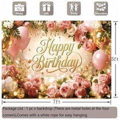 Happy Birthday Backdrop Banner For Women Girls Princess Pink Floral Flower Wa…