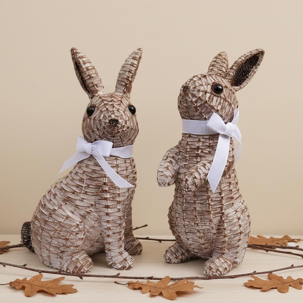 Rattan Effect Resin Easter Bunny Figurines Decor 2 PCS Wicker Looking Rabbit …