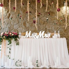 Large White Wooden Mr & Mrs Sign with Just Married Banner White Sweetheart Table
