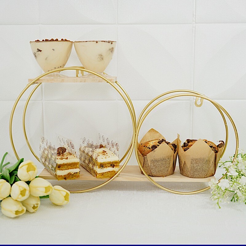 GOLD NATURAL 2 Tier Round Metal Wood Geometric Floating Shelf Events Decorations