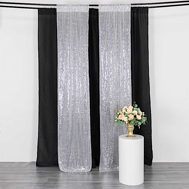 2 SILVER 8ft x 2ft Sequined Backdrop Curtain with Rod Pockets Wedding