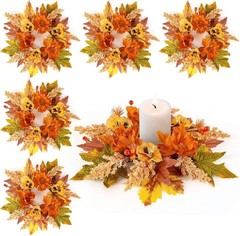 6 Pcs Fall Floral Candle Rings Wreath Mini Autumn Swags Wreaths with Berries …