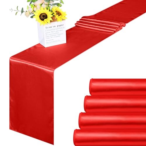 4 Pack Satin Table Runner 12 x 108Inch Long Bright Silk and Smooth Fabric Red