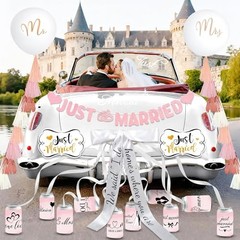20 Pcs Pink Just Married Car Decorations Include 10 Can Stickers Satin Ribbon