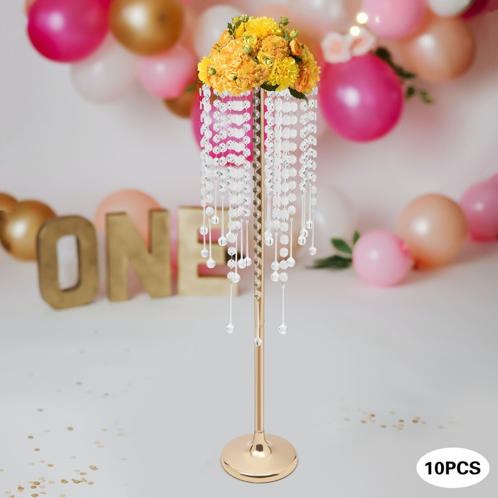10 Pieces 75cm Gold Flower Stands with Crystal Beads for Elegant Decor