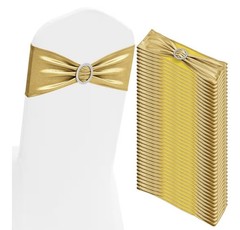100 PCS Gold Spandex Chair Sashes Bows Premium Stretch Chair Cover Band w/Buckle