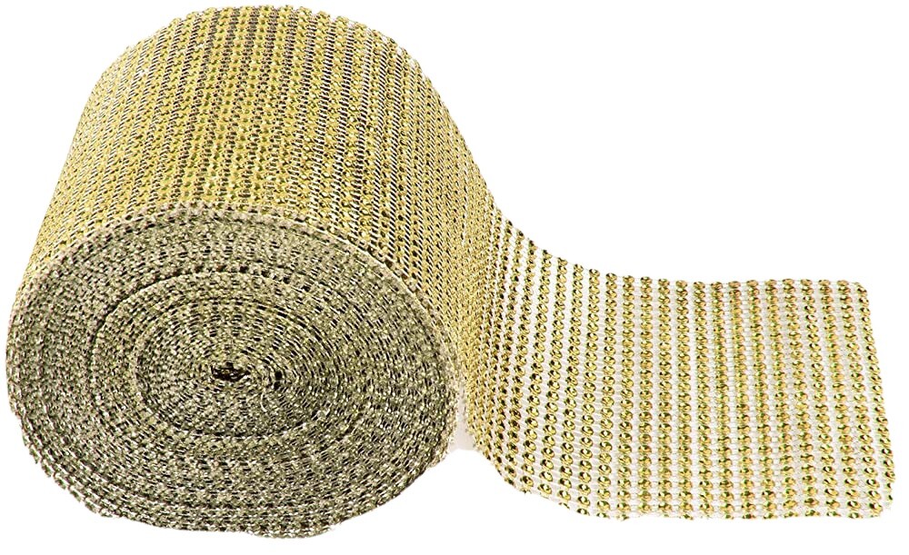 4.5″x10 YARDS GOLD DIAMOND MESH WRAP ROLL SPARKLE RHINESTONE CRYSTAL RIBBON