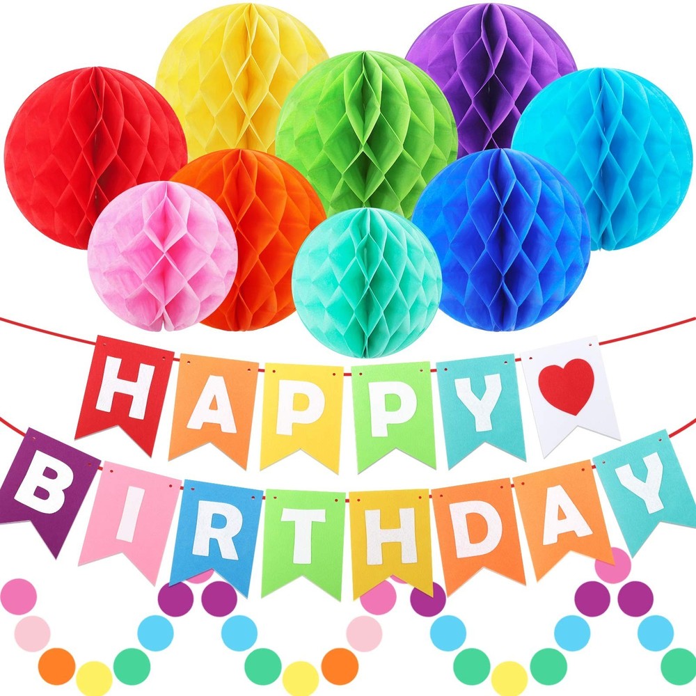 Happy Birthday Banner Decorations, Rainbow Birthday Decorations Set, Paper Fl…