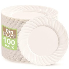 U-QE 100 Count 9 Inch Ivory Plastic Plates for Party – Scalloped Disposable D…