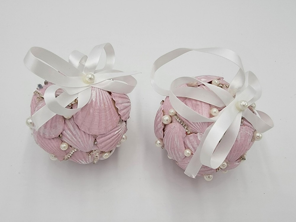 Handmade Pair of Pink Seashell Bouquet/Ornament 3.5″ Orb Beach Decor