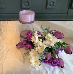 Bouquet holder/vase with satin ribbon and rhinestones….you pick colors