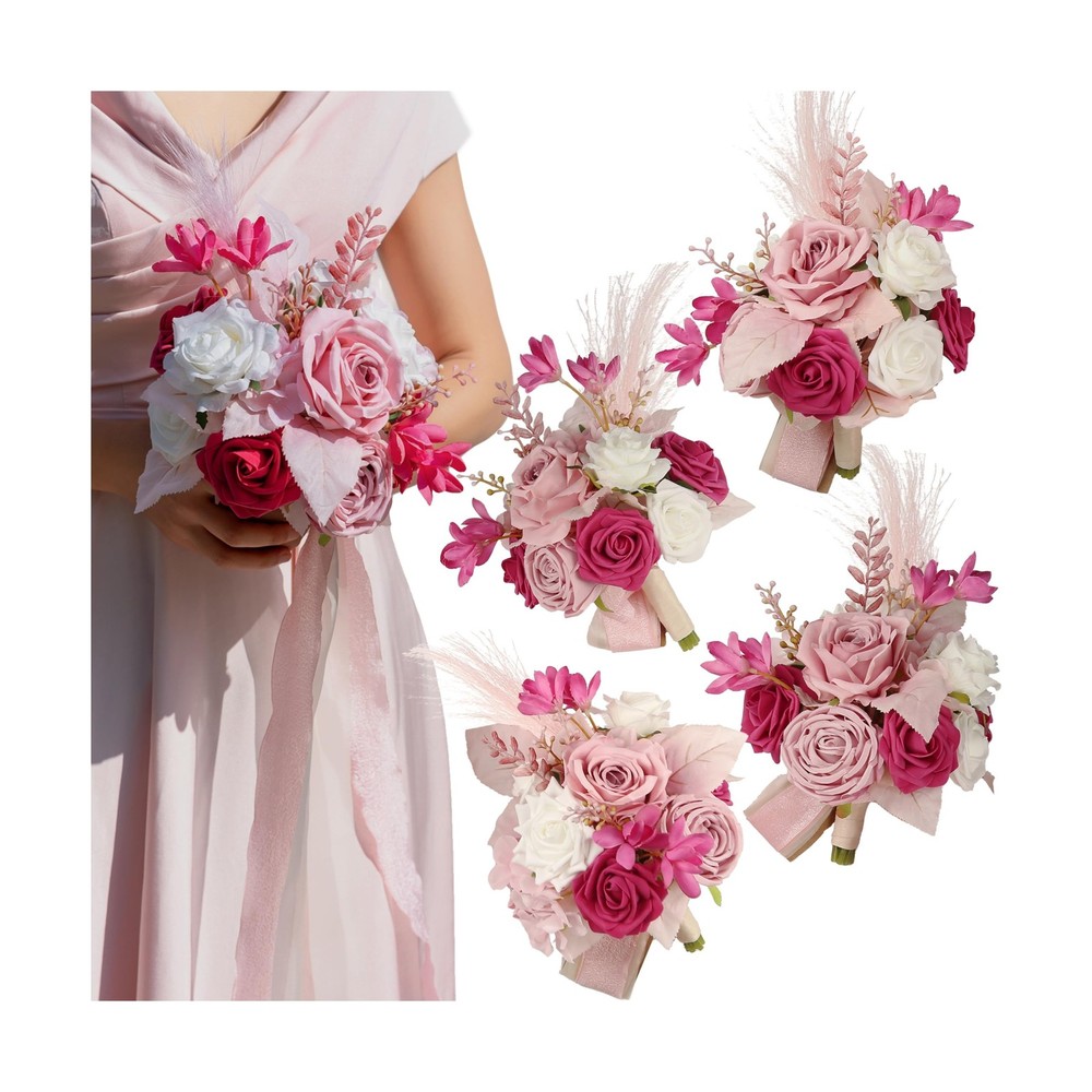 7 Inch Hot Pink Bridesmaid Bouquet for Wedding, Set of 4, Small Wedding Bouqu…