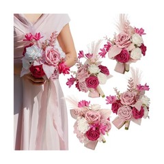 7 Inch Hot Pink Bridesmaid Bouquet for Wedding, Set of 4, Small Wedding Bouqu…