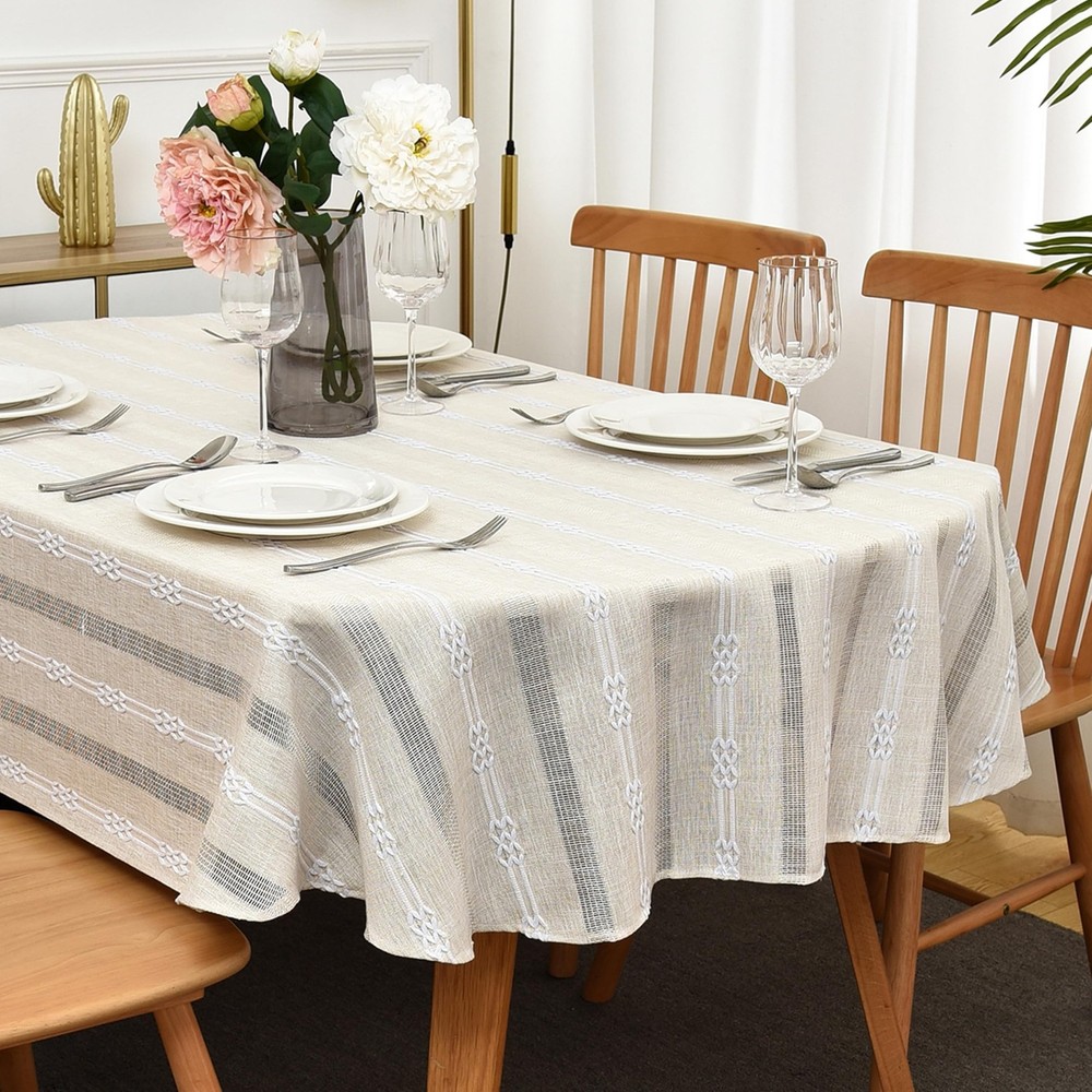 Rustic Striped Embroidery Oval Tablecloth, Openwork Heavy Weight Linen Wrinkl…