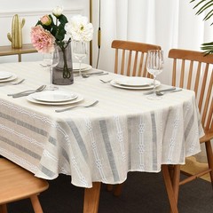 Rustic Striped Embroidery Oval Tablecloth, Openwork Heavy Weight Linen Wrinkl…