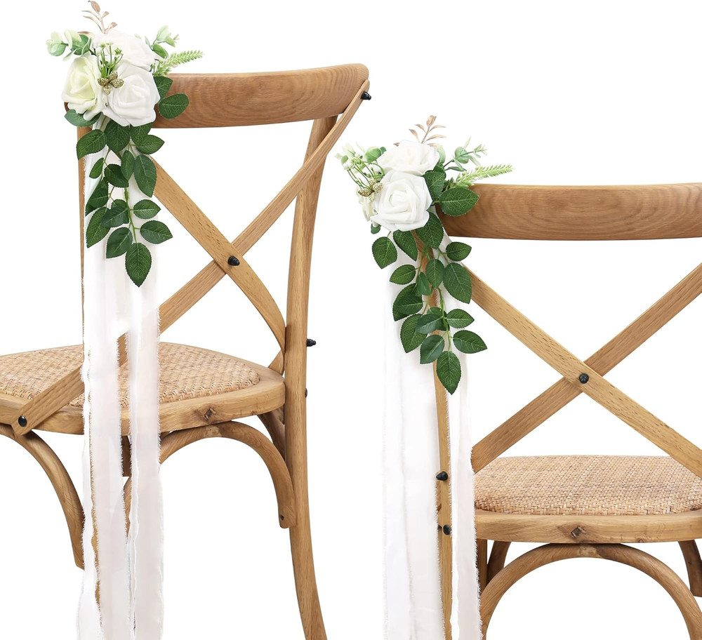 Set of 10 White Pew Flowers for Wedding Aisle Decorations with Ribbons