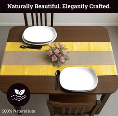 Premium Jute Fabric + Satin Fabric Table Runner Yellow 18″ X 120″ Elegant Rustic