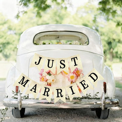 Just Married Burlap Banner Rustic Cream Black Pre-Assembled Wedding Car Decor